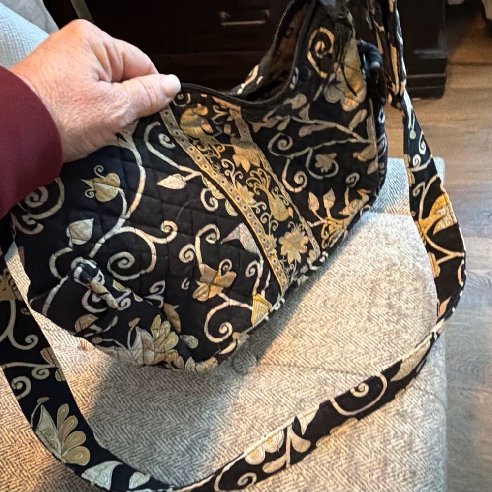Vera Bradley Black Quilted Shoulder Bag with Gold Floral Motif